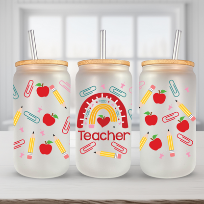 Teacher rainbow Libbey Frosted Glass can